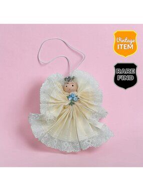 Vintage White Folded Ribbon Angel With Wooden Head Xmas Christmas Ornament RARE!